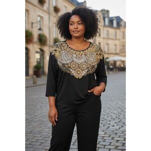 Bali Chic Black Rayon 2pc Set Sequin Beaded‎ Bib Tunic & Pants One Size OS
